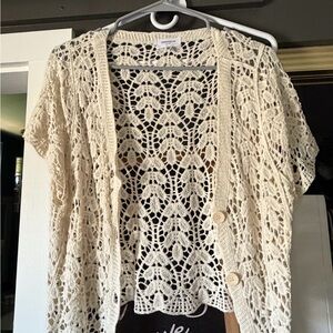 Openwork Crochet Button-Front Cream Cardigan